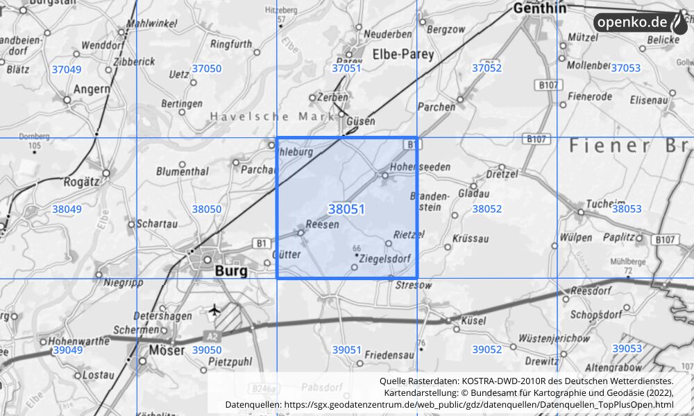 Übersichtskarte KOSTRA-DWD-2010R Rasterfeld Nr. 38051 mit angrenzenden Feldern