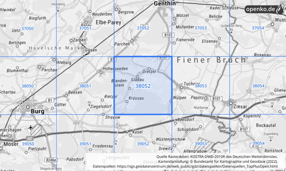 Übersichtskarte KOSTRA-DWD-2010R Rasterfeld Nr. 38052 mit angrenzenden Feldern