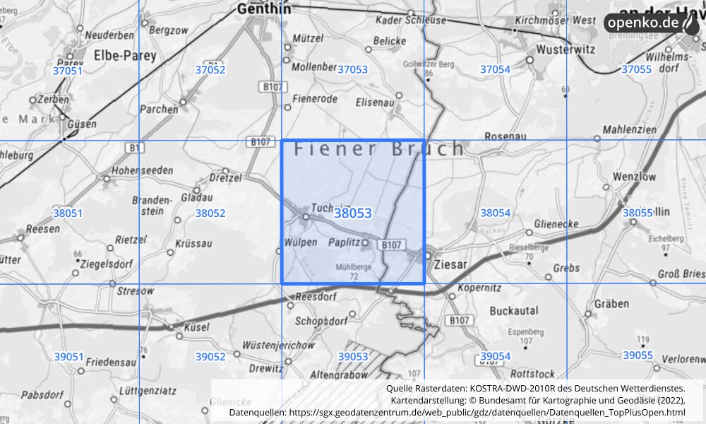 Übersichtskarte KOSTRA-DWD-2010R Rasterfeld Nr. 38053 mit angrenzenden Feldern