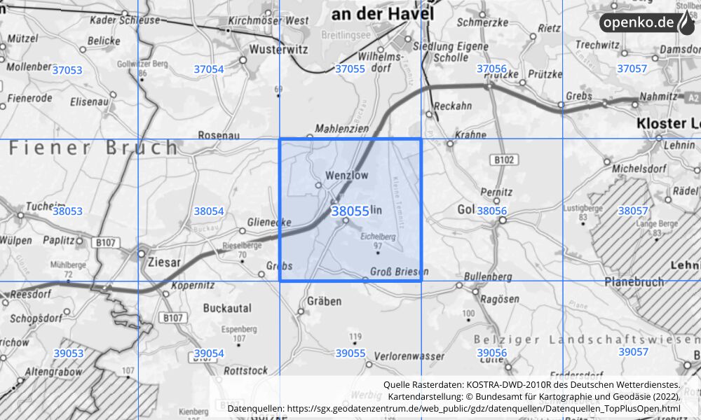 Übersichtskarte KOSTRA-DWD-2010R Rasterfeld Nr. 38055 mit angrenzenden Feldern