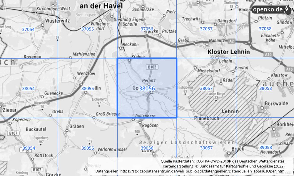 Übersichtskarte KOSTRA-DWD-2010R Rasterfeld Nr. 38056 mit angrenzenden Feldern