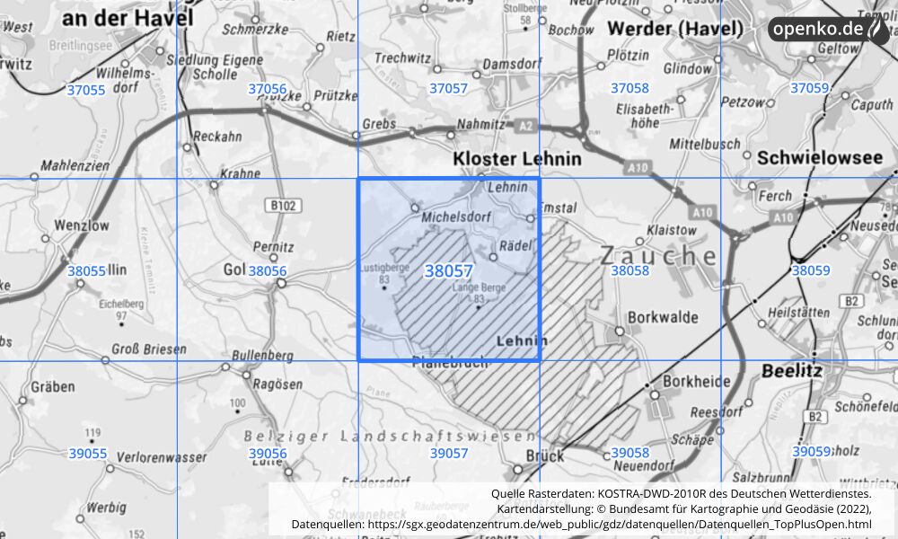 Übersichtskarte KOSTRA-DWD-2010R Rasterfeld Nr. 38057 mit angrenzenden Feldern