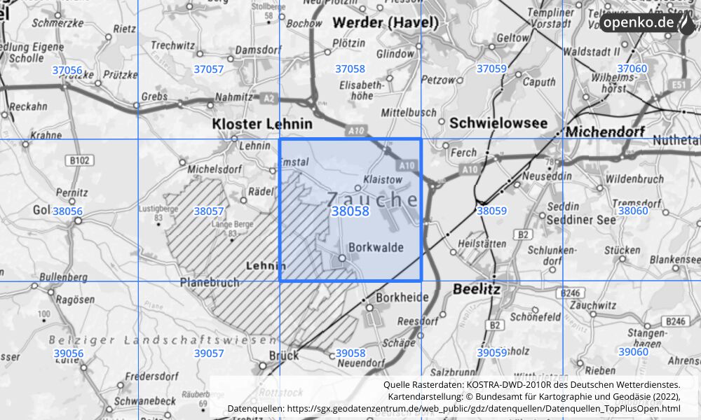 Übersichtskarte KOSTRA-DWD-2010R Rasterfeld Nr. 38058 mit angrenzenden Feldern