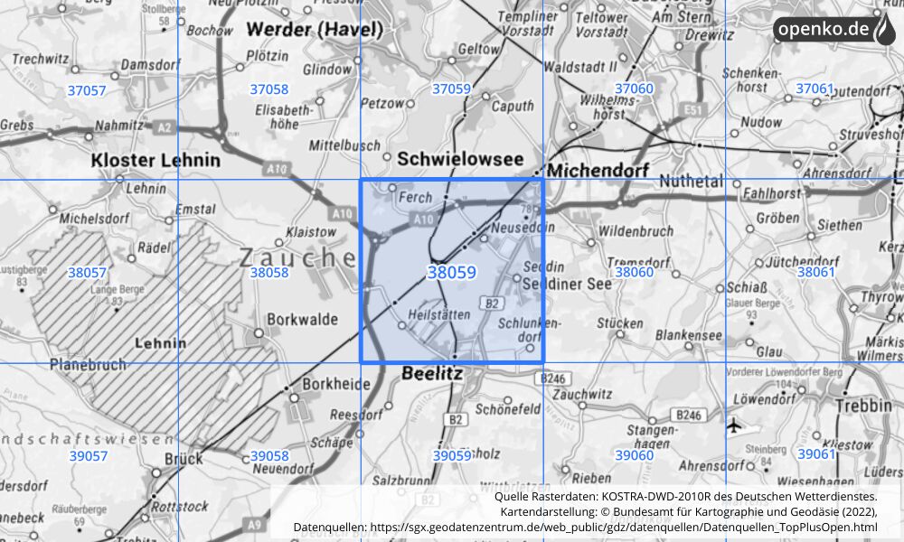 Übersichtskarte KOSTRA-DWD-2010R Rasterfeld Nr. 38059 mit angrenzenden Feldern