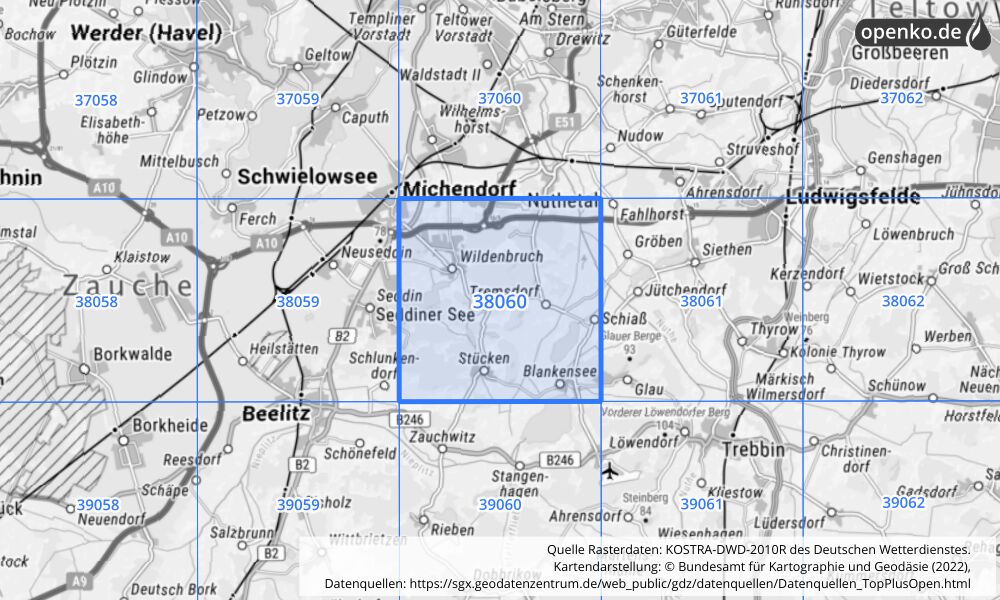 Übersichtskarte KOSTRA-DWD-2010R Rasterfeld Nr. 38060 mit angrenzenden Feldern