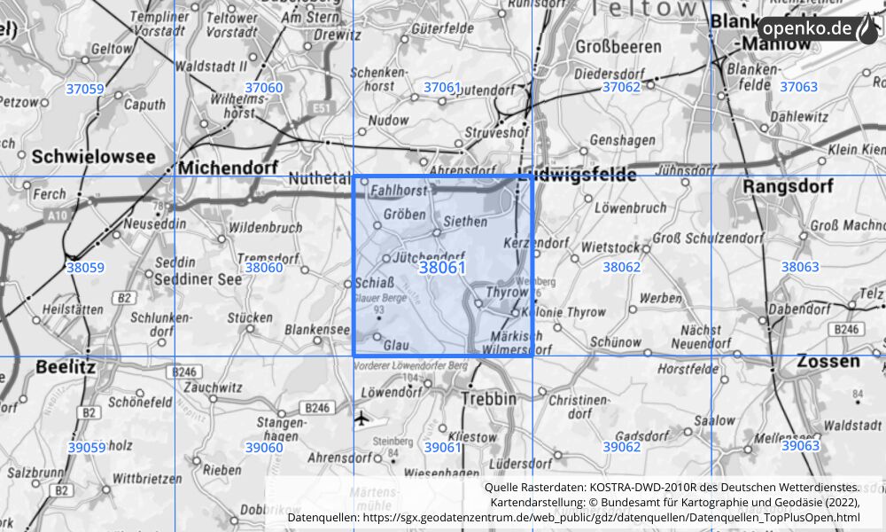 Übersichtskarte KOSTRA-DWD-2010R Rasterfeld Nr. 38061 mit angrenzenden Feldern