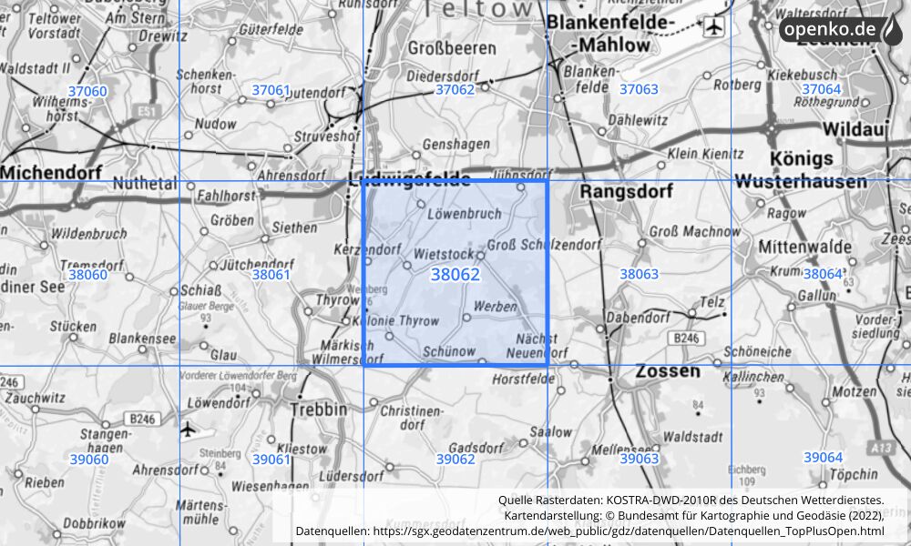 Übersichtskarte KOSTRA-DWD-2010R Rasterfeld Nr. 38062 mit angrenzenden Feldern