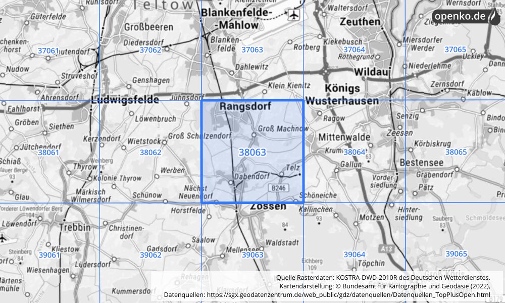 Übersichtskarte KOSTRA-DWD-2010R Rasterfeld Nr. 38063 mit angrenzenden Feldern