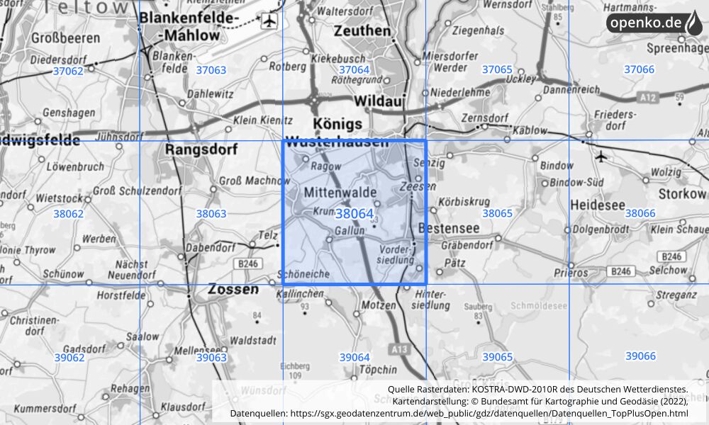 Übersichtskarte KOSTRA-DWD-2010R Rasterfeld Nr. 38064 mit angrenzenden Feldern