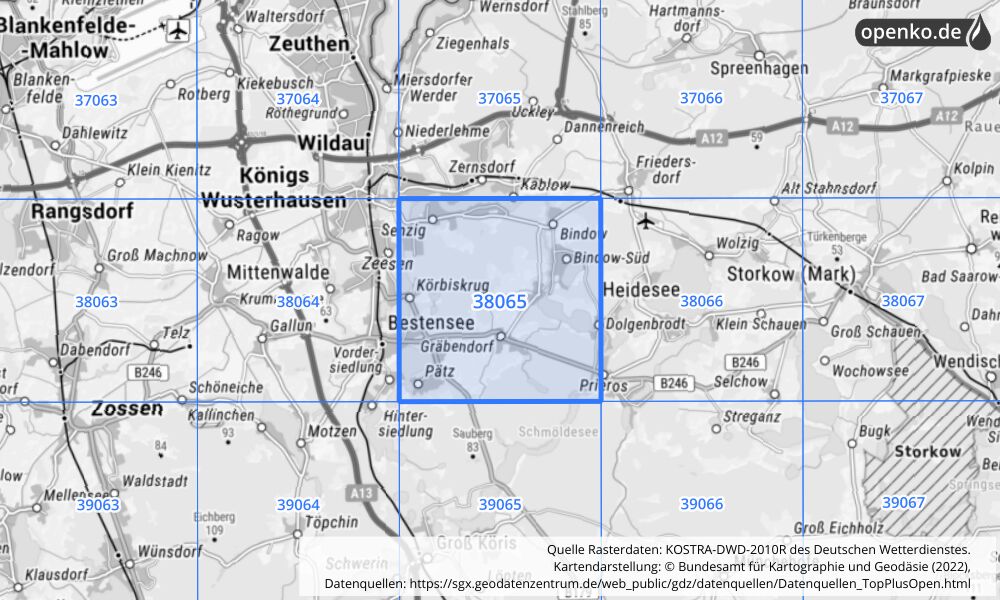 Übersichtskarte KOSTRA-DWD-2010R Rasterfeld Nr. 38065 mit angrenzenden Feldern