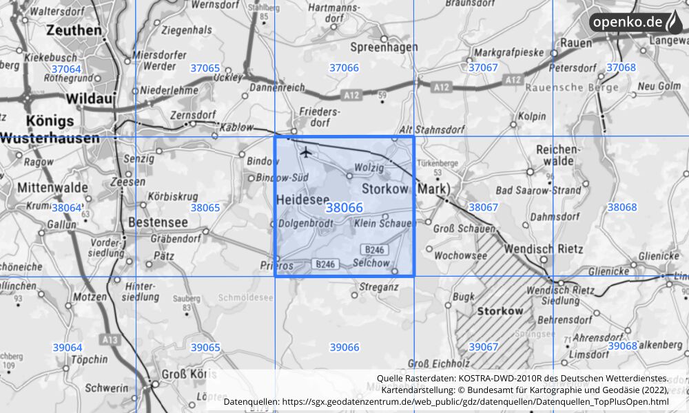 Übersichtskarte KOSTRA-DWD-2010R Rasterfeld Nr. 38066 mit angrenzenden Feldern