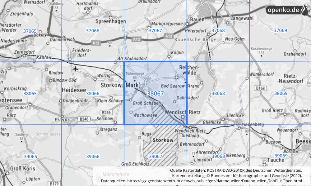 Übersichtskarte KOSTRA-DWD-2010R Rasterfeld Nr. 38067 mit angrenzenden Feldern