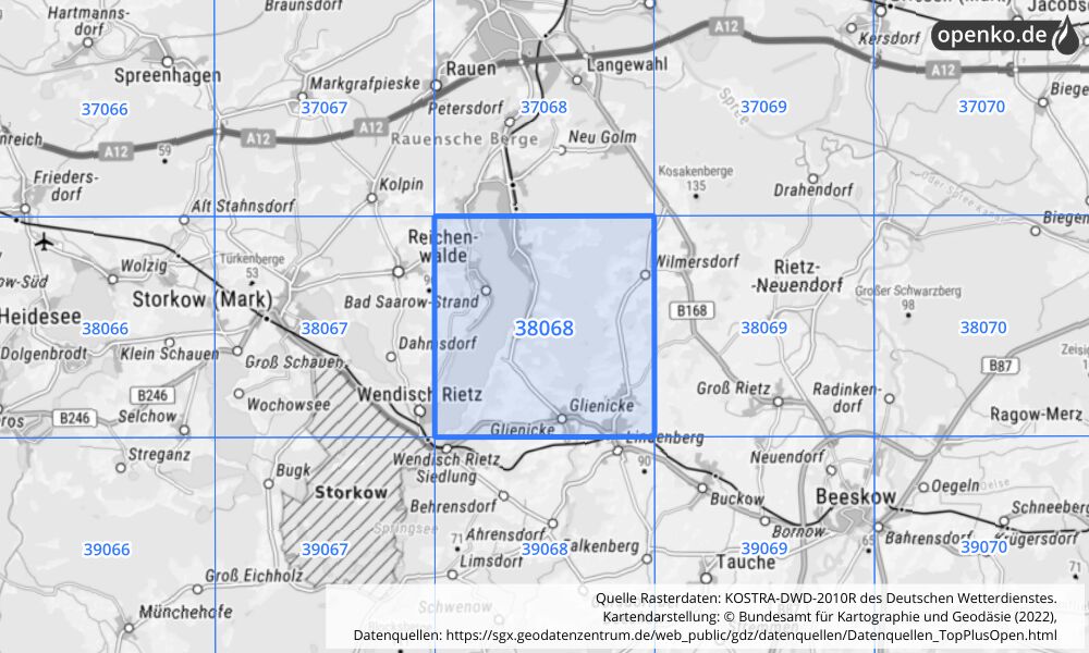 Übersichtskarte KOSTRA-DWD-2010R Rasterfeld Nr. 38068 mit angrenzenden Feldern