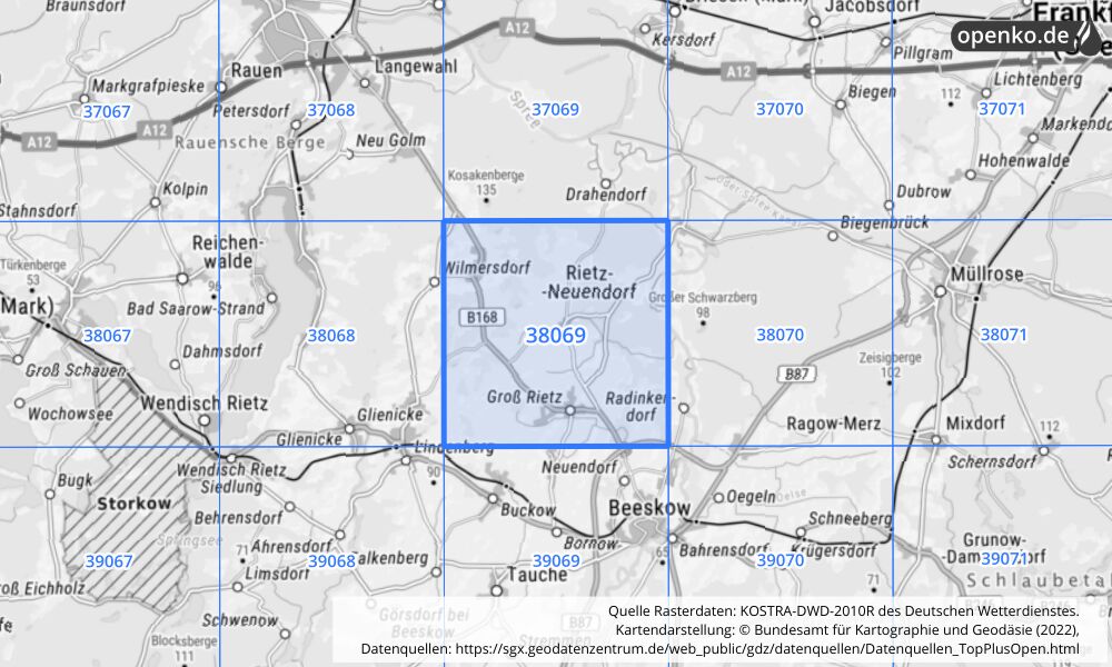 Übersichtskarte KOSTRA-DWD-2010R Rasterfeld Nr. 38069 mit angrenzenden Feldern