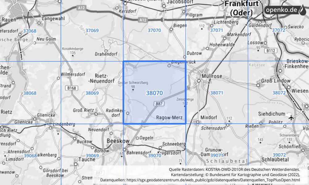 Übersichtskarte KOSTRA-DWD-2010R Rasterfeld Nr. 38070 mit angrenzenden Feldern