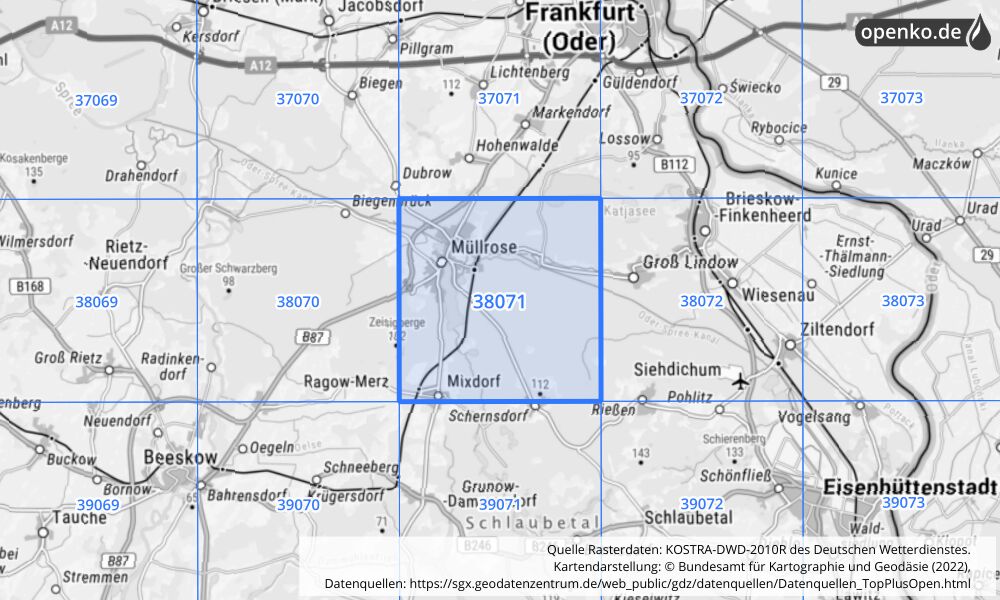 Übersichtskarte KOSTRA-DWD-2010R Rasterfeld Nr. 38071 mit angrenzenden Feldern