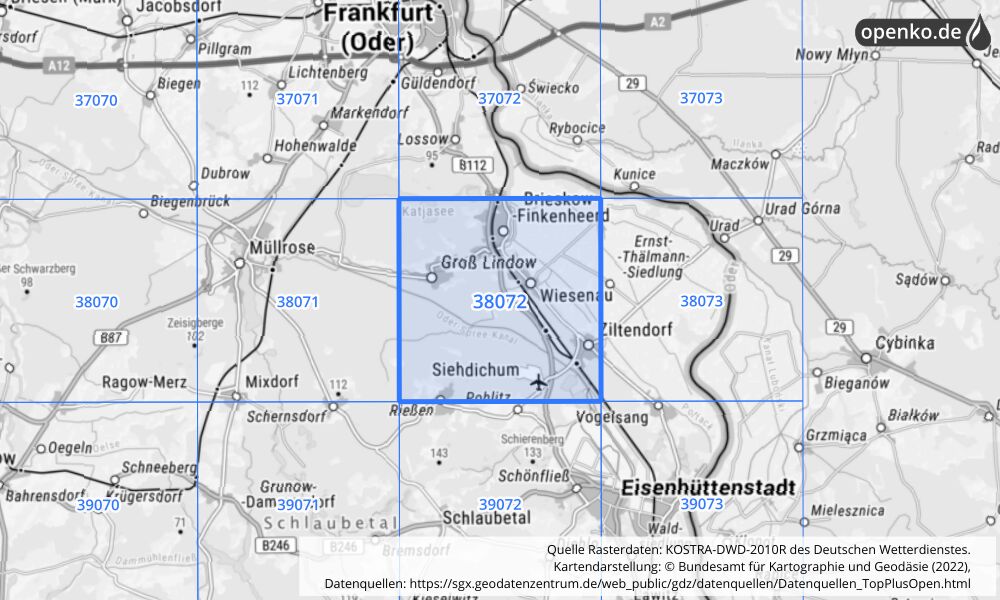 Übersichtskarte KOSTRA-DWD-2010R Rasterfeld Nr. 38072 mit angrenzenden Feldern