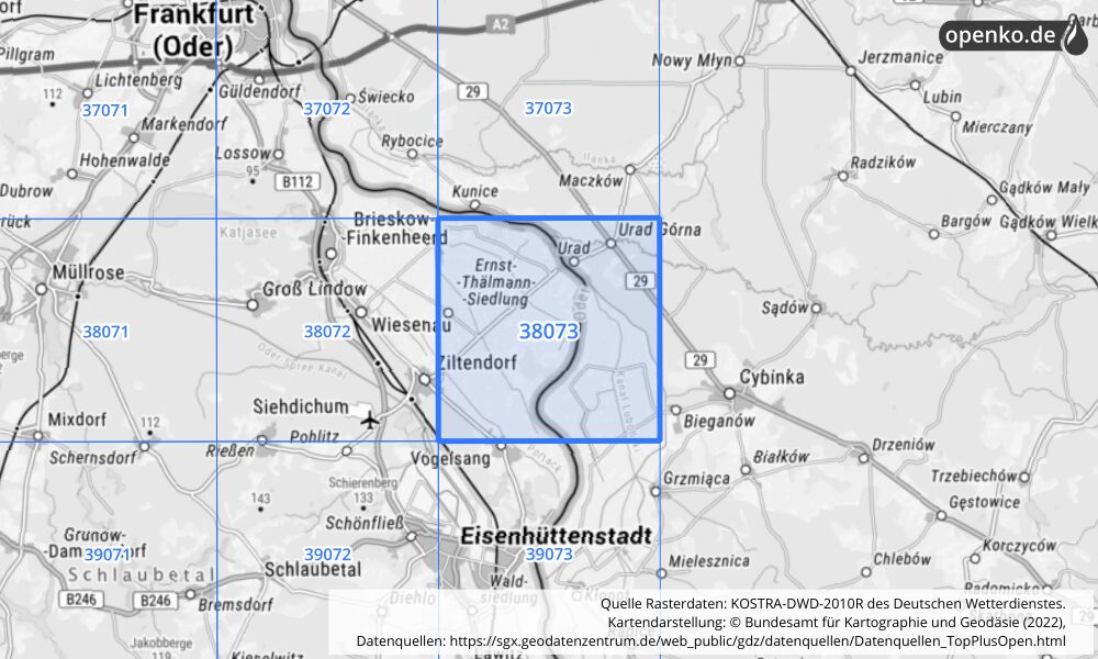 Übersichtskarte KOSTRA-DWD-2010R Rasterfeld Nr. 38073 mit angrenzenden Feldern