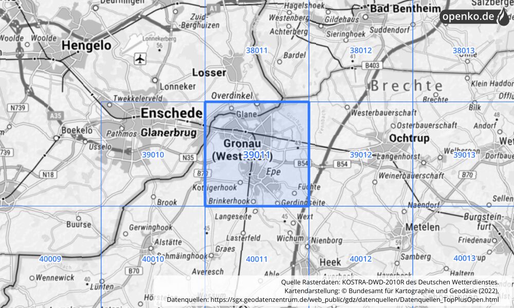 Übersichtskarte KOSTRA-DWD-2010R Rasterfeld Nr. 39011 mit angrenzenden Feldern