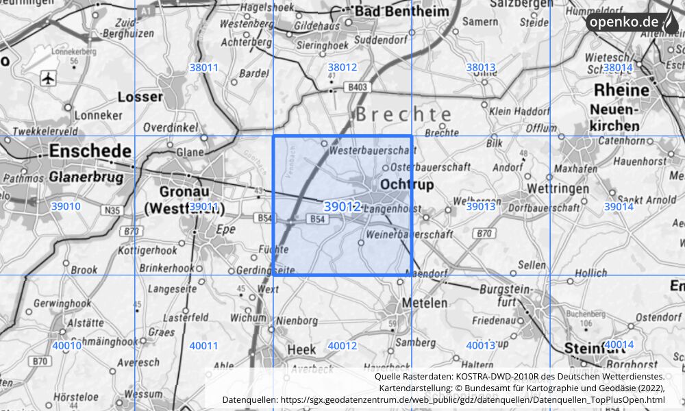 Übersichtskarte KOSTRA-DWD-2010R Rasterfeld Nr. 39012 mit angrenzenden Feldern