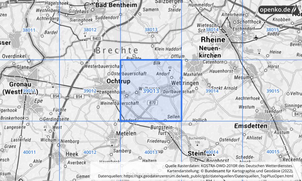 Übersichtskarte KOSTRA-DWD-2010R Rasterfeld Nr. 39013 mit angrenzenden Feldern