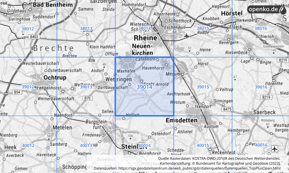 Übersichtskarte KOSTRA-DWD-2010R Rasterfeld Nr. 39014 mit angrenzenden Feldern