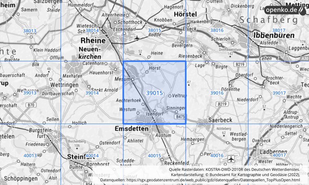 Übersichtskarte KOSTRA-DWD-2010R Rasterfeld Nr. 39015 mit angrenzenden Feldern