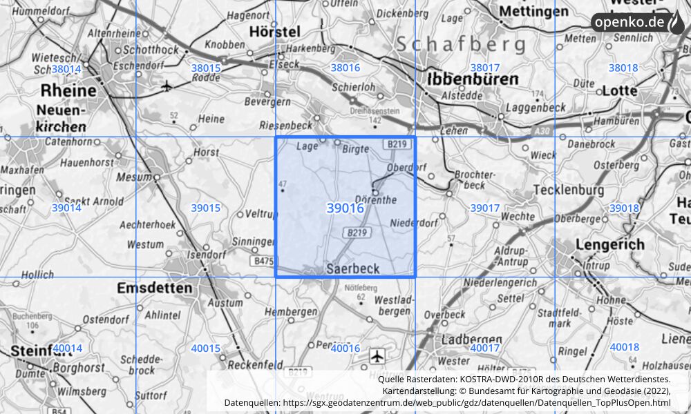 Übersichtskarte KOSTRA-DWD-2010R Rasterfeld Nr. 39016 mit angrenzenden Feldern