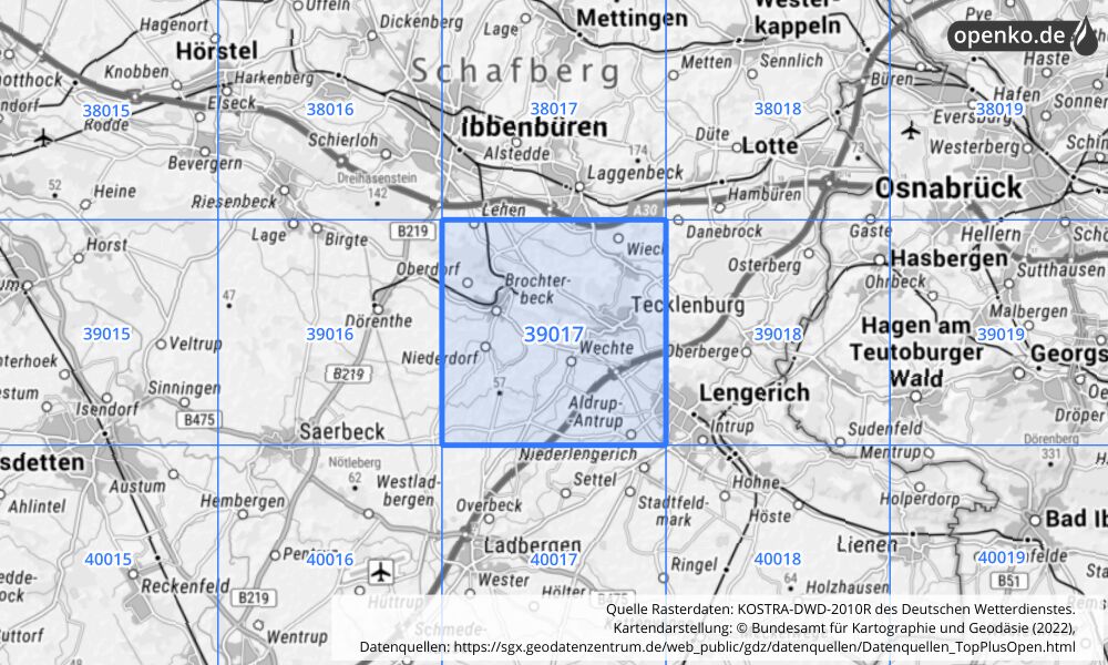 Übersichtskarte KOSTRA-DWD-2010R Rasterfeld Nr. 39017 mit angrenzenden Feldern