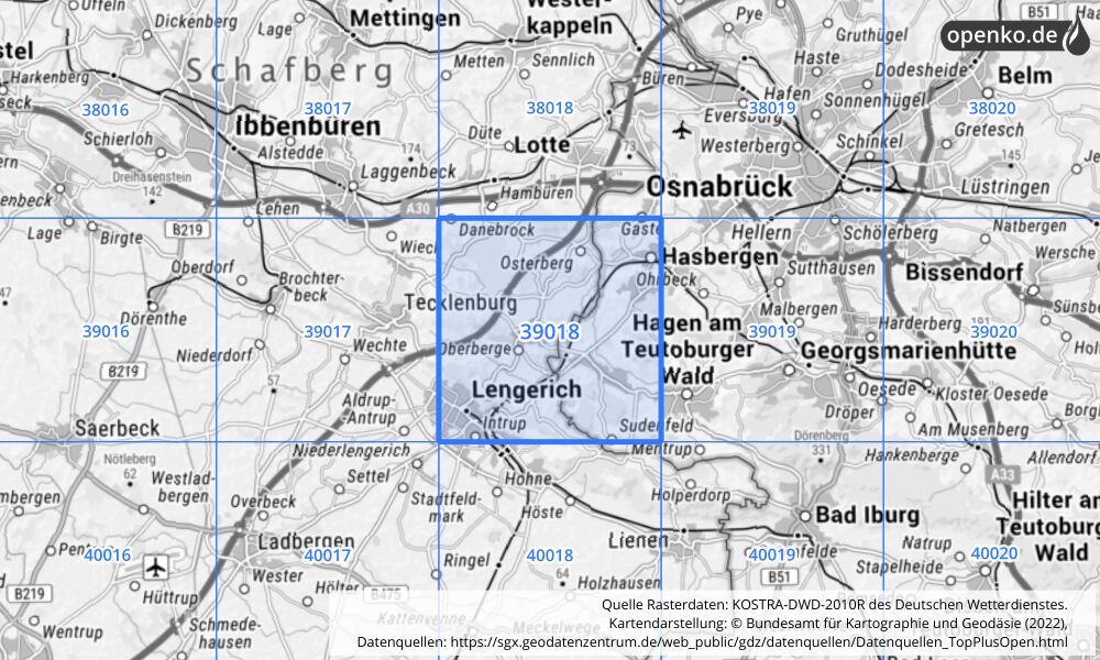 Übersichtskarte KOSTRA-DWD-2010R Rasterfeld Nr. 39018 mit angrenzenden Feldern