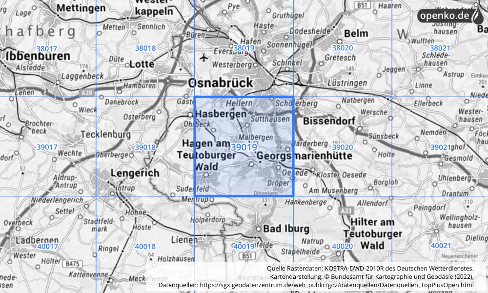 Übersichtskarte KOSTRA-DWD-2010R Rasterfeld Nr. 39019 mit angrenzenden Feldern