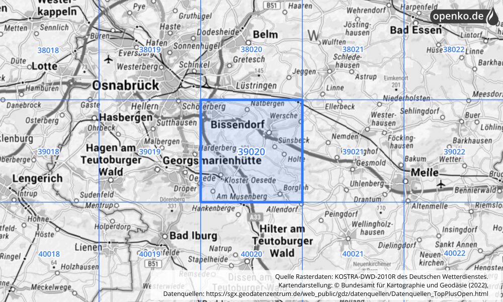 Übersichtskarte KOSTRA-DWD-2010R Rasterfeld Nr. 39020 mit angrenzenden Feldern