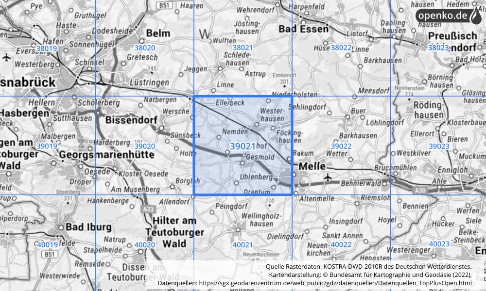 Übersichtskarte KOSTRA-DWD-2010R Rasterfeld Nr. 39021 mit angrenzenden Feldern