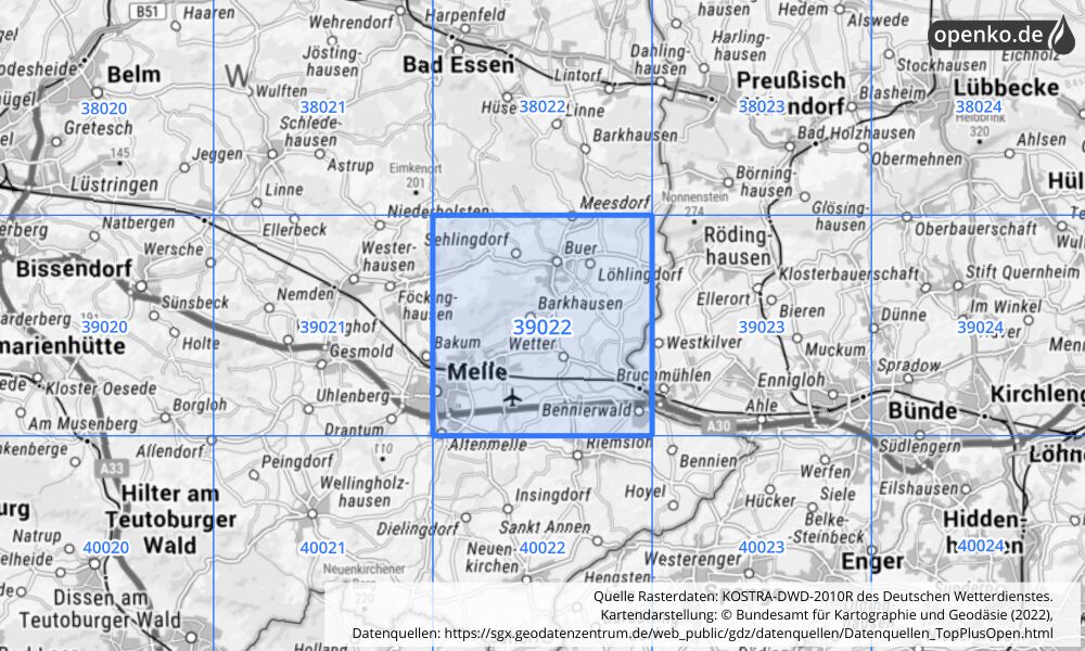 Übersichtskarte KOSTRA-DWD-2010R Rasterfeld Nr. 39022 mit angrenzenden Feldern