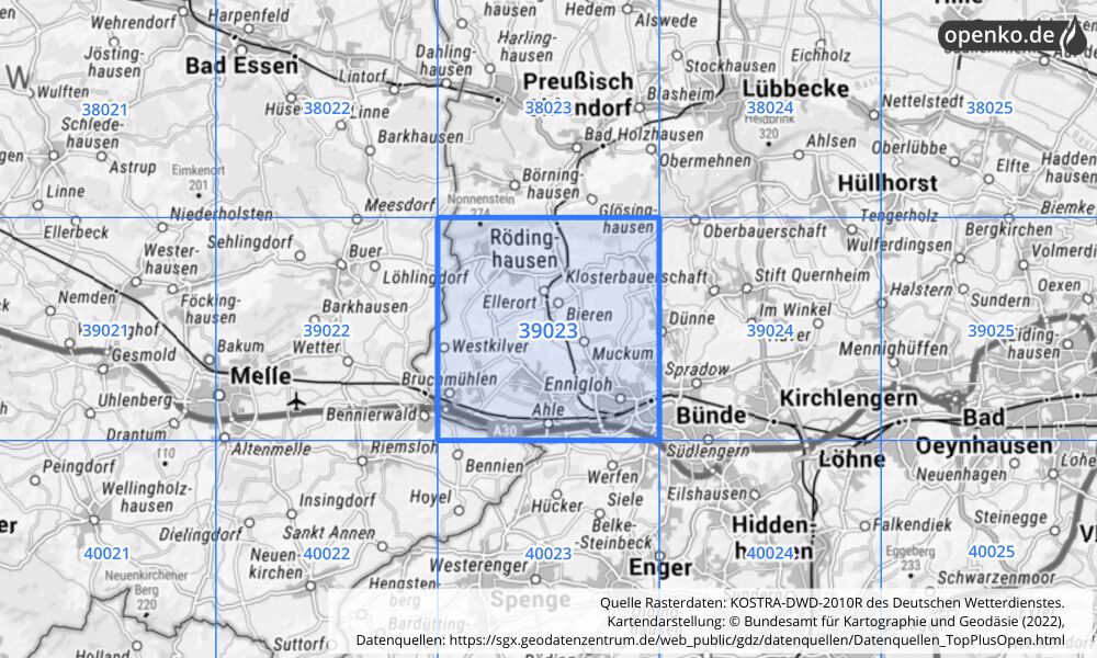 Übersichtskarte KOSTRA-DWD-2010R Rasterfeld Nr. 39023 mit angrenzenden Feldern