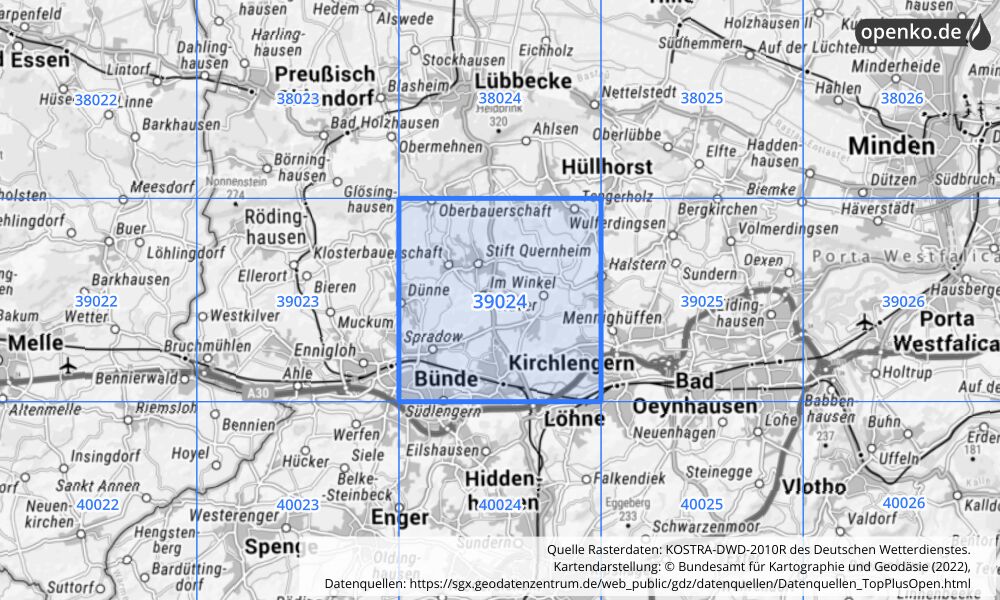 Übersichtskarte KOSTRA-DWD-2010R Rasterfeld Nr. 39024 mit angrenzenden Feldern