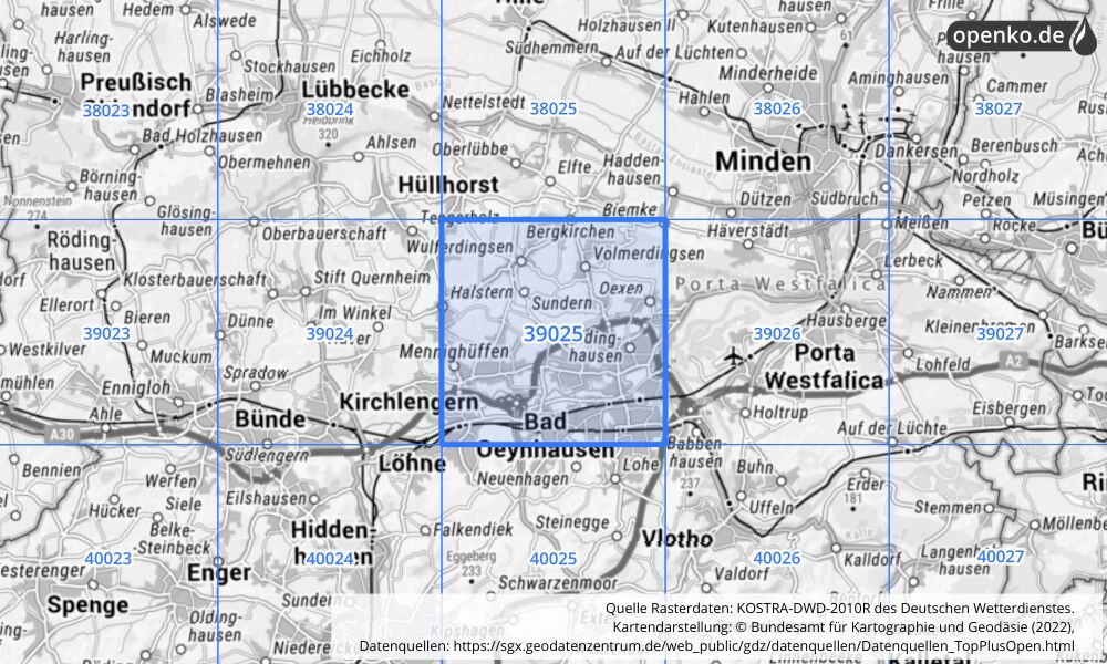 Übersichtskarte KOSTRA-DWD-2010R Rasterfeld Nr. 39025 mit angrenzenden Feldern