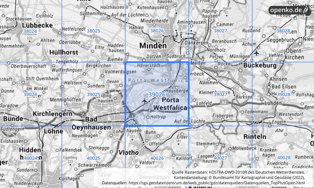 Übersichtskarte KOSTRA-DWD-2010R Rasterfeld Nr. 39026 mit angrenzenden Feldern