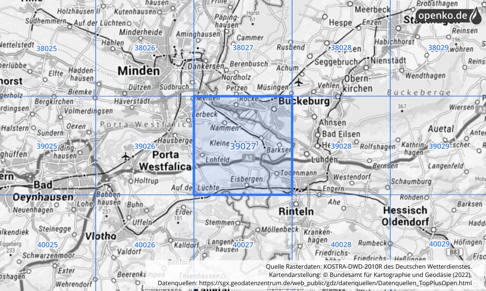 Übersichtskarte KOSTRA-DWD-2010R Rasterfeld Nr. 39027 mit angrenzenden Feldern