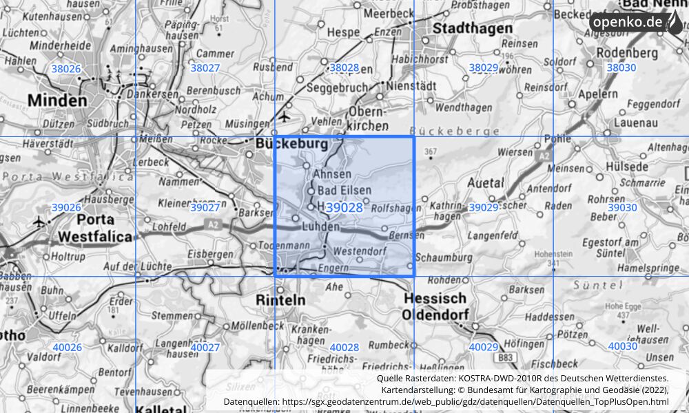 Übersichtskarte KOSTRA-DWD-2010R Rasterfeld Nr. 39028 mit angrenzenden Feldern