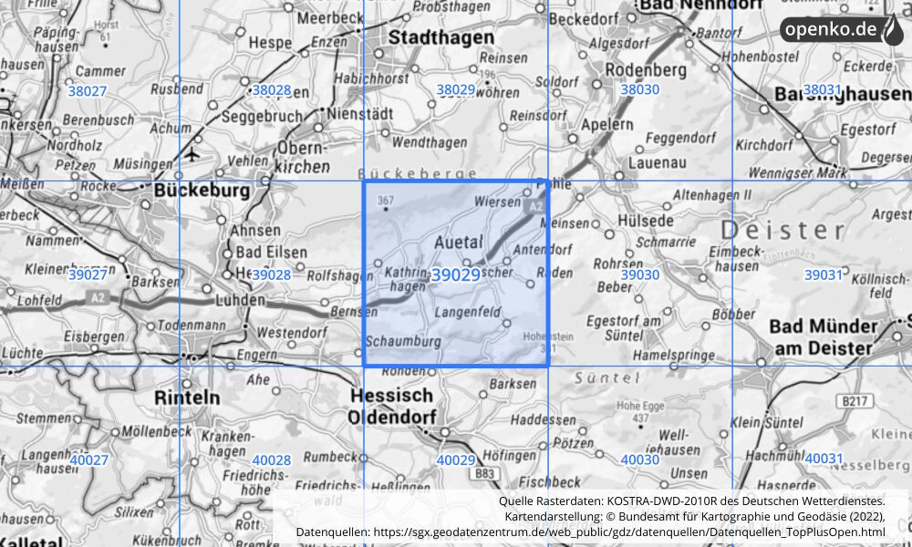 Übersichtskarte KOSTRA-DWD-2010R Rasterfeld Nr. 39029 mit angrenzenden Feldern