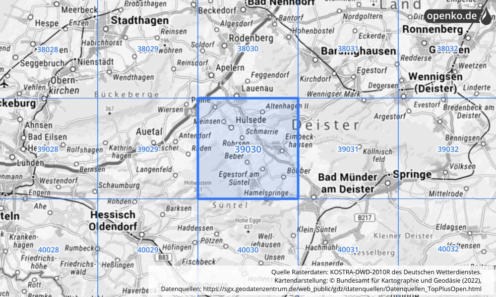 Übersichtskarte KOSTRA-DWD-2010R Rasterfeld Nr. 39030 mit angrenzenden Feldern