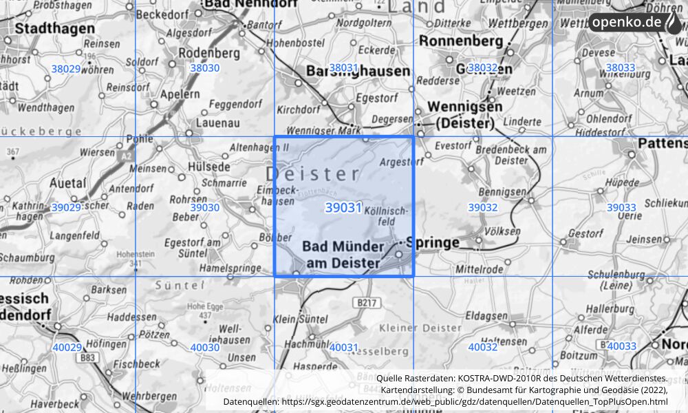 Übersichtskarte KOSTRA-DWD-2010R Rasterfeld Nr. 39031 mit angrenzenden Feldern