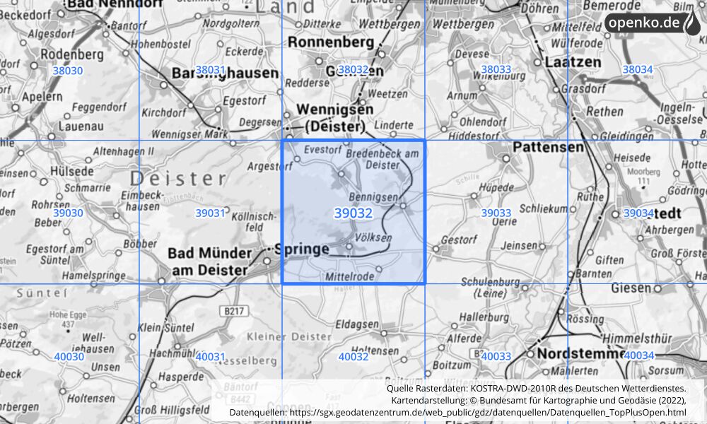 Übersichtskarte KOSTRA-DWD-2010R Rasterfeld Nr. 39032 mit angrenzenden Feldern