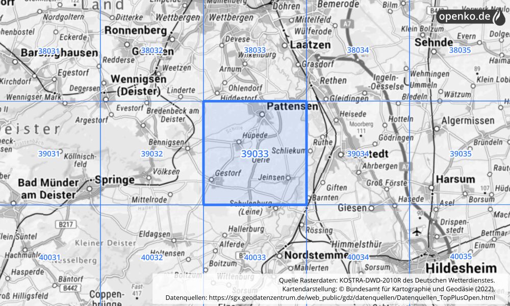 Übersichtskarte KOSTRA-DWD-2010R Rasterfeld Nr. 39033 mit angrenzenden Feldern