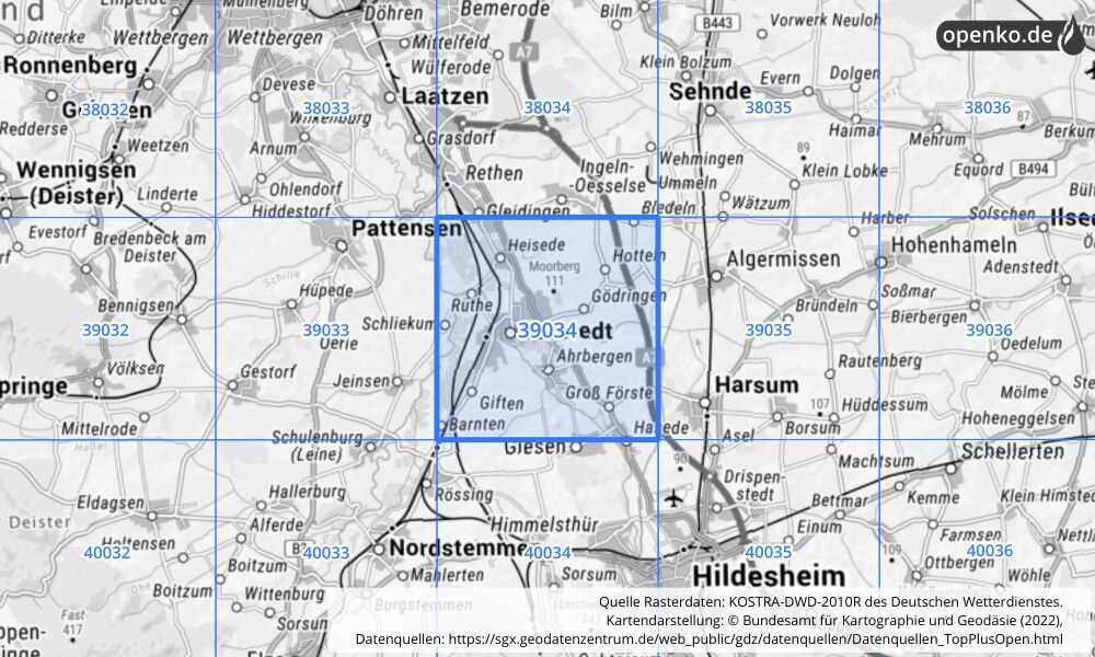 Übersichtskarte KOSTRA-DWD-2010R Rasterfeld Nr. 39034 mit angrenzenden Feldern