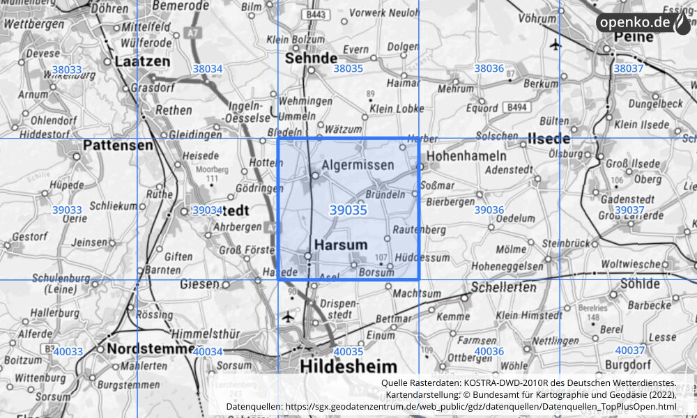 Übersichtskarte KOSTRA-DWD-2010R Rasterfeld Nr. 39035 mit angrenzenden Feldern