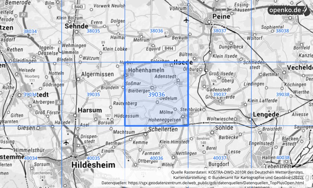 Übersichtskarte KOSTRA-DWD-2010R Rasterfeld Nr. 39036 mit angrenzenden Feldern