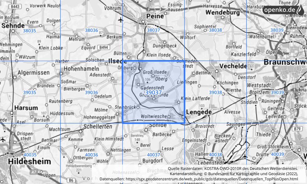 Übersichtskarte KOSTRA-DWD-2010R Rasterfeld Nr. 39037 mit angrenzenden Feldern