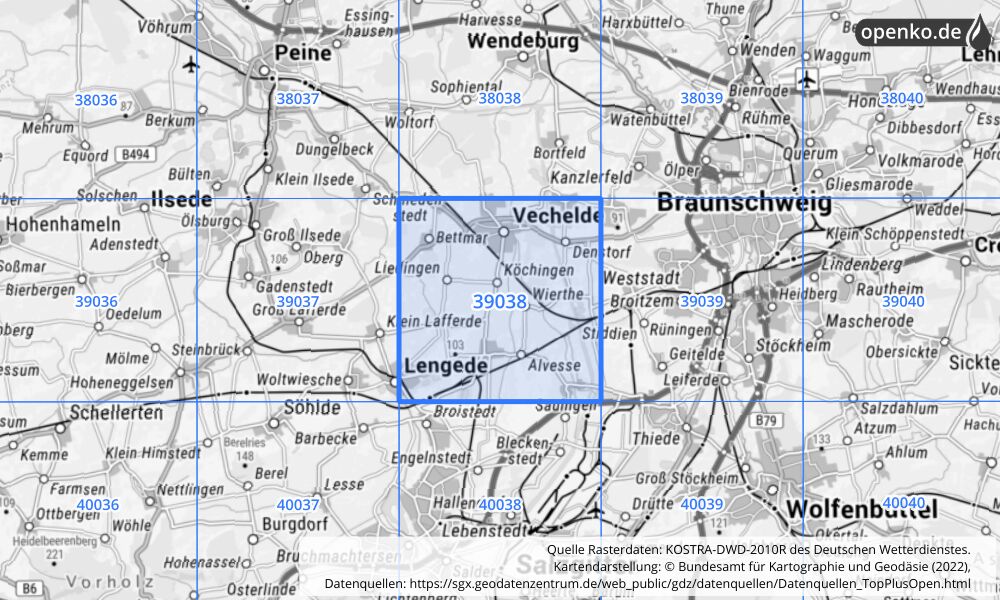 Übersichtskarte KOSTRA-DWD-2010R Rasterfeld Nr. 39038 mit angrenzenden Feldern